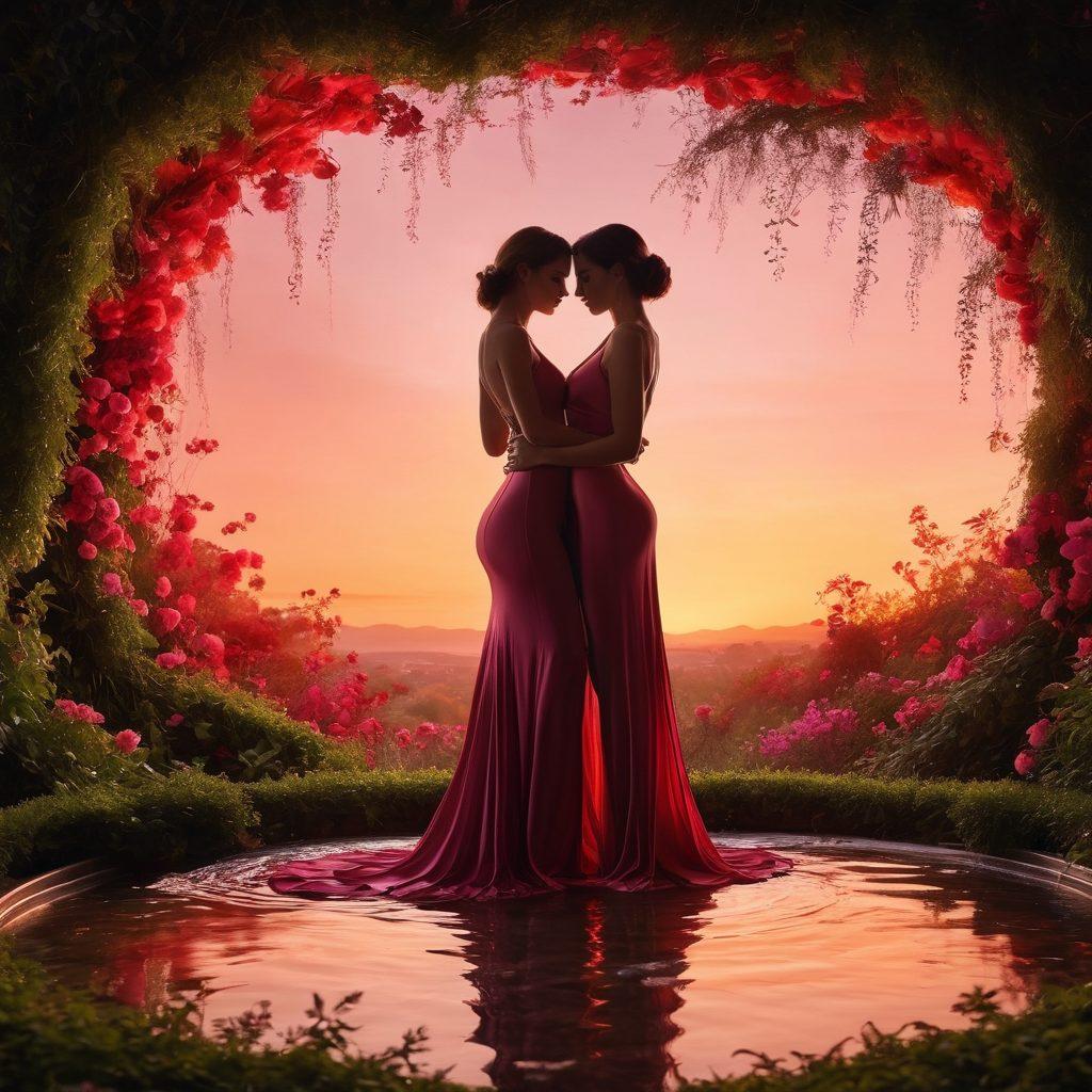 A vivid and evocative landscape that captures the essence of erotic entertainment and sensuality, featuring silhouettes of a couple in a passionate embrace beneath a twilight sky filled with stars. Soft, flowing fabrics drape around them, symbolizing fluidity and desire. The backdrop has hints of lush greenery intertwined with subtle hints of abstract elements representing sensual art. A warm color palette of reds, pinks, and golds enhances the romantic atmosphere. surrealism. vibrant colors. dreamlike scenery.